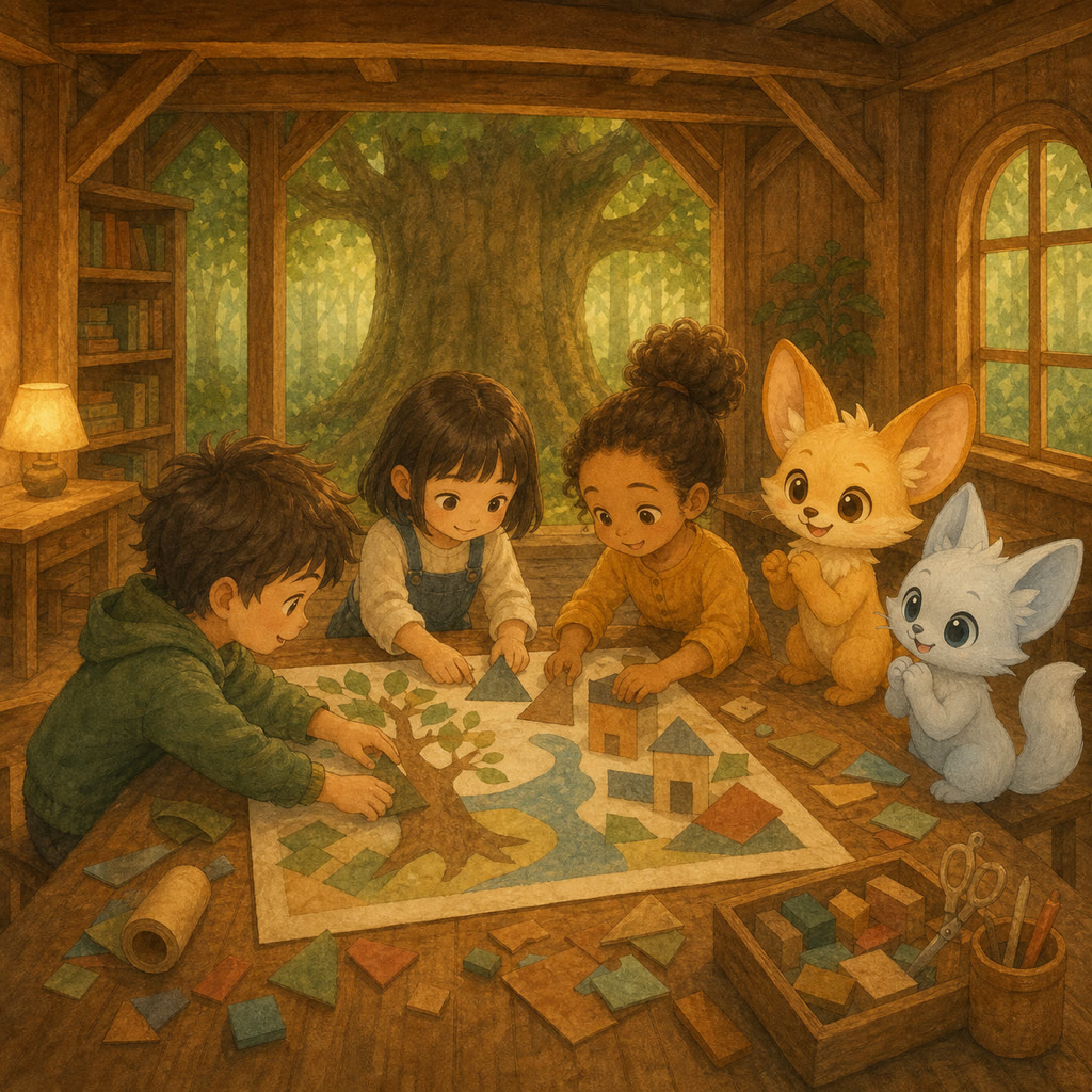 ひとつの作品を囲んでいっしょに作る子どもたち